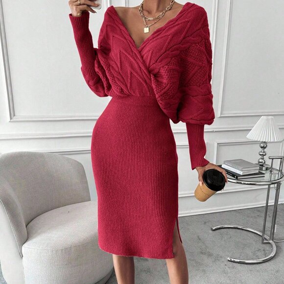 Burgundy Batwing Sleeve Split Hem Women's Knitted Sweater midi Dress - Picture 3 of 6